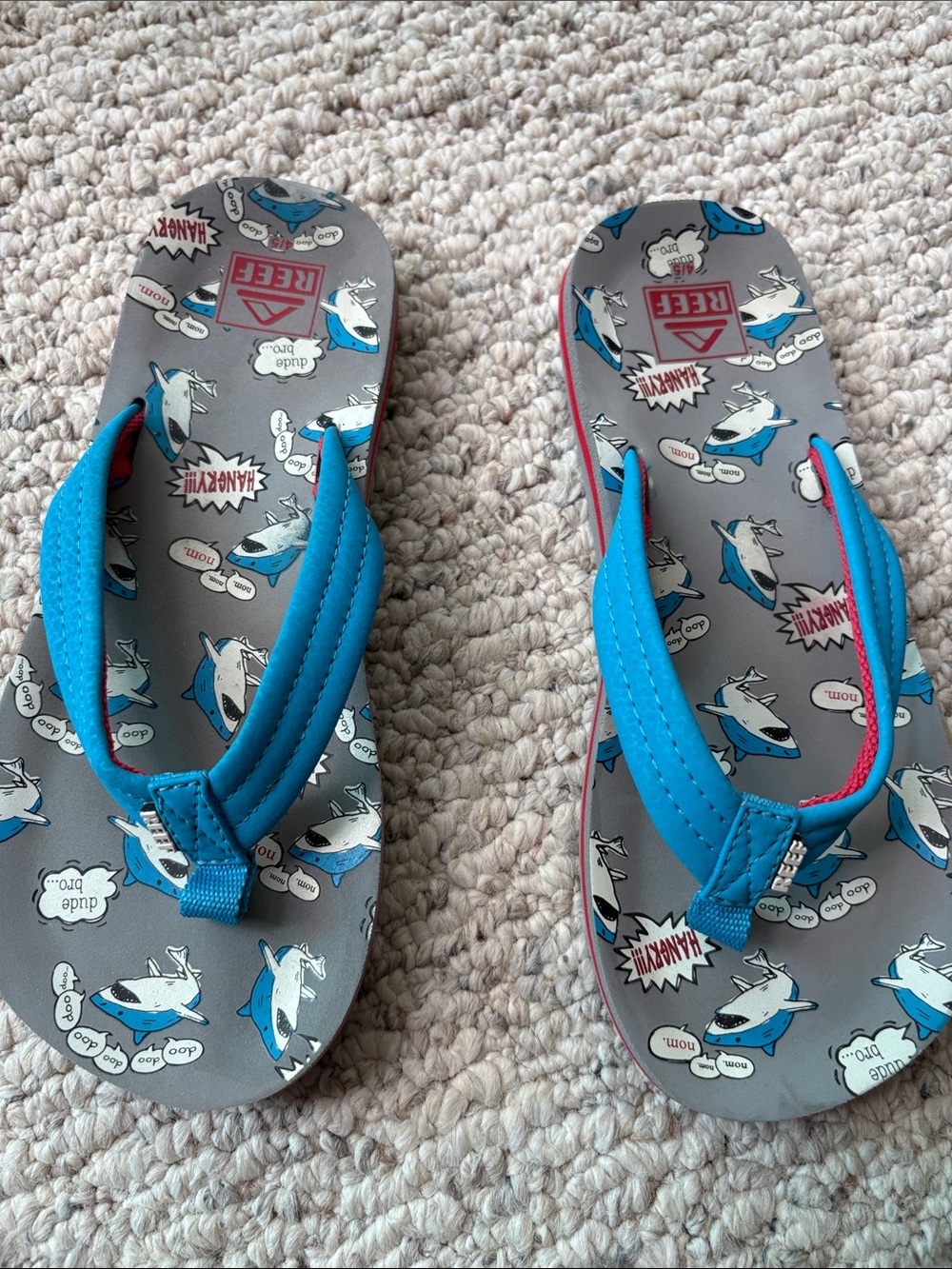 Reef Kids Gray Flip Flops with Blue Shark Print and Bright Blue Straps